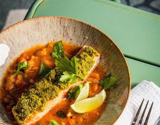Lachs mit Pestokruste und Pistou-Suppe