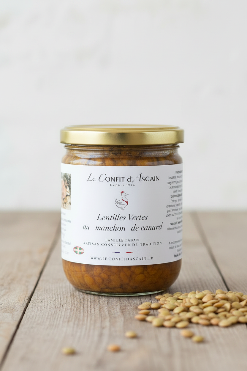 Lentilles vertes aux manchon de canard – Grüne Linsen mit Entenflügeln Confit, Le Confit d’Ascain